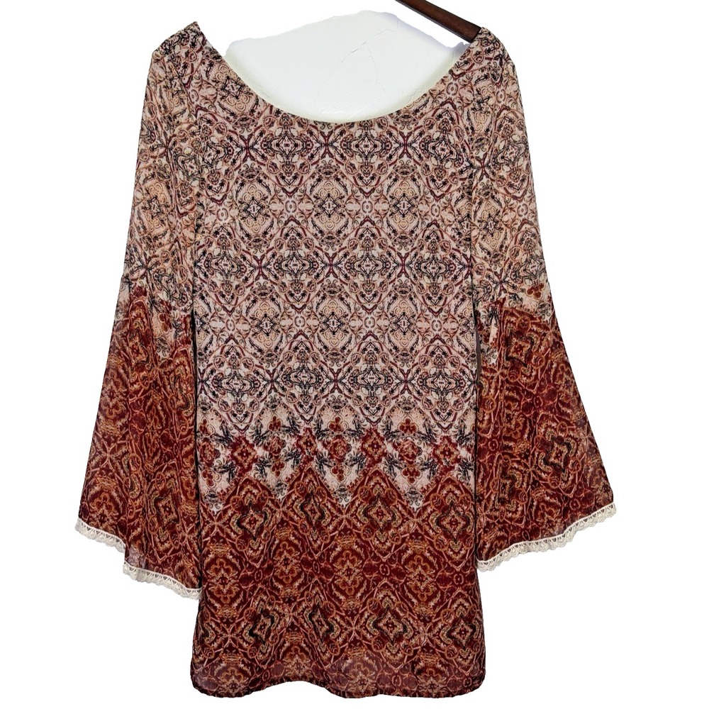 Xhilaration Dress Size M Browns Geometric Print‎ Boho Bohemian Peasant Hippi - Picture 2 of 8